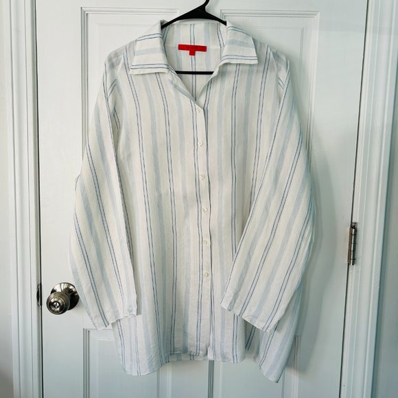 SHAMASK Long Tunic Top LINEN BOXY Stripe Collar Neck (size L) - Picture 2 of 11